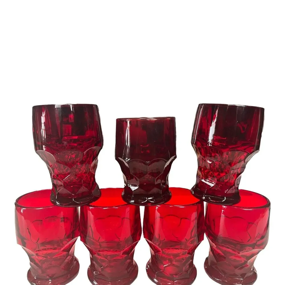 Vintage Red Ruby GEORGIAN Tumblers GLASS Glasses HONEYCOMB Thumbprint MCM